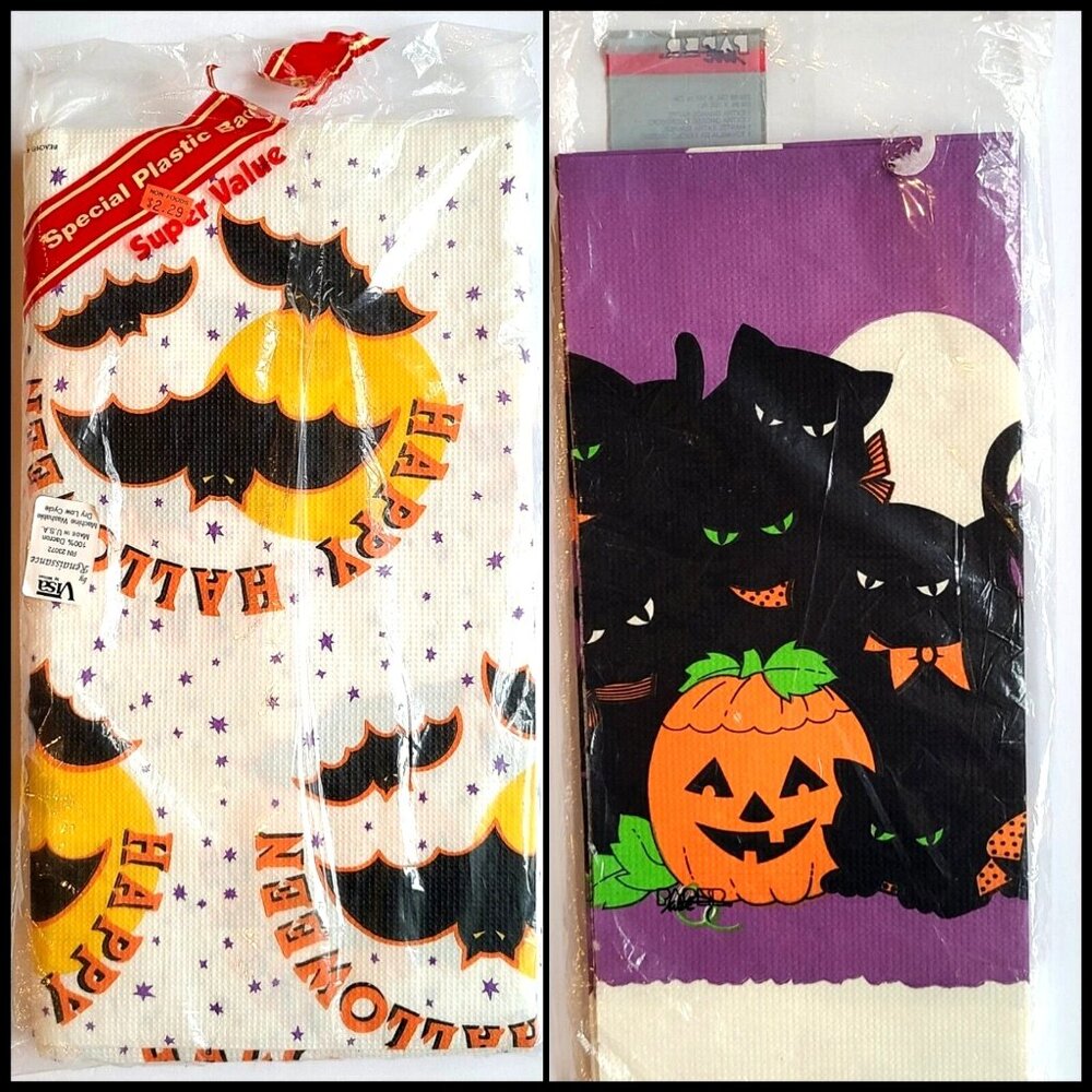 Vintage 90s Halloween Paper Tablecloth Party Table Cover Lot Of 2 Bats Cats NOS